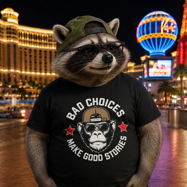 A raccoon in a backwards cap wearing a black shirt with a monkey-in-a-cap graphic that reads Bad Choices Make Good Stories