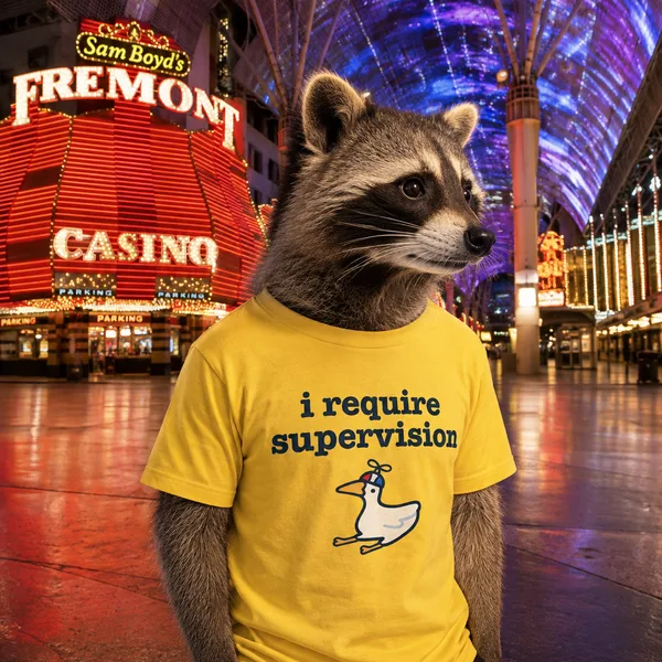A raccoon on Fremont Street wearing a yellow shirt with a cartoon duck in a party hat that reads I Require Supervision