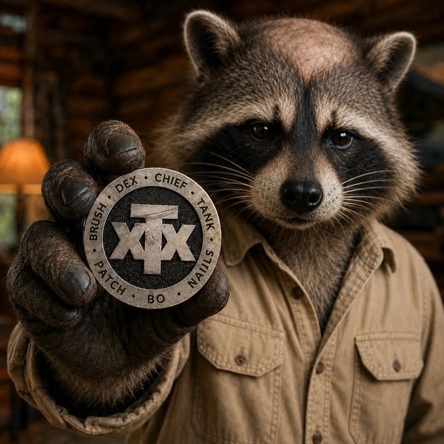 Illustration: a raccoon holds up a two-sided metal challenge coin, cabin interior behind
